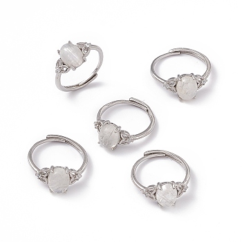 Oval Natural Labradorite Adjustable Rings, Platinum Tone Brass Finger Rings for Women, 1~5.5mm, Inner Diameter: 17mm