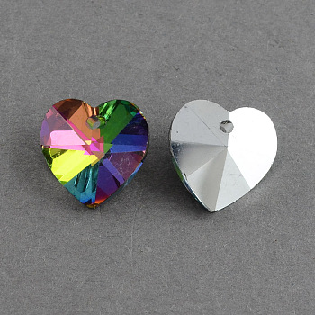 Heart Electroplated Glass Pendants, Silver Plated Bottom, Faceted, Colorful, 14x14x8mm, Hole: 1.5mm