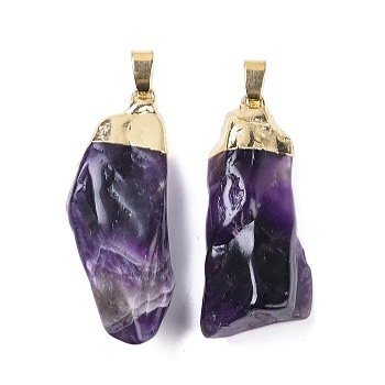 Natural Amethyst Pendants, Nuggets Charms, with Golden Plated Brass Findings, 43.5~46x21~22x13~17mm, Hole: 7.5x4.5mm
