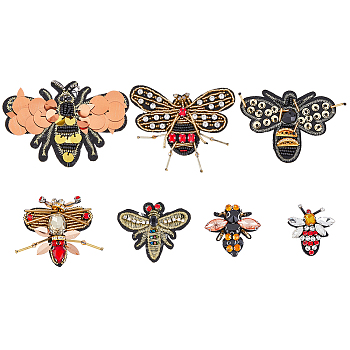 7Pcs 7 Style Resin & Rhinestone Garment Accessores, Sew on Beading Patches, Appliques, Badges, with Felt Base, for Clothes, Dress, Bees, Mixed Color, 48~102x37~95x5.5~10.5mm, 1pc/style