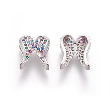 Brass Micro Pave Cubic Zirconia Slide Charms, Wing, Colorful, Platinum, 13.5x12x5.5mm, Hole: 2x10.5mm
