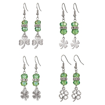 Alloy Clover Dangle Earrings, Green Glass Beaded Saint Patrick's Day Earrings, Platinum, 49~56x10~14mm