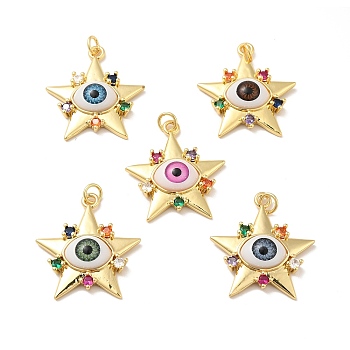 Brass Micro Pave Colorful Cubic Zirconia Pendants, with Resin, Real 18K Gold Plated, Star with Evil Eye, Mixed Color, 32x29.5x7mm, Jump Ring: 6x1mm, Inner Diameter: 4mm