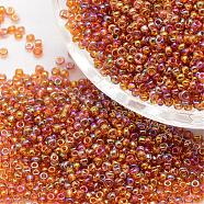 8/0 Round Glass Seed Beads, Grade A, Transparent Colours Rainbow, Chocolate, 2.8~3.2mm, Hole: 1.0mm, about 15000pcs/pound(SEED-J011-F8-171)