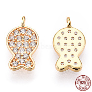 925 Sterling Silver Micro Pave Cubic Zirconia Charms, Fish Charms, Nickel Free, Real 18K Gold Plated, 11x6x1mm, Hole: 1.2mm(STER-T004-68G)