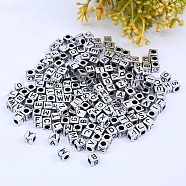 Silver Acrylic Enamel Beads, Plated Beads, Cube with Black Letter A~Z, Silver, 7x7x7mm, Hole: 3.8mm, 2000pc/500g(PACR-TAC0002-01A)