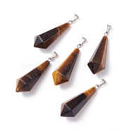 Natural Tiger Eye Pointed Pendants, with Platinum Plated Brass Loops, Bullet, 35.3~38x13~14mm, Hole: 6.5x2.8mm(G-I314-02P-07)