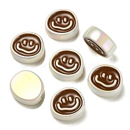 UV Plating Rainbow Iridescent Acrylic Enamel Beads, Oval with Smiling Face Pattern, Saddle Brown, 19.5x21.5x9mm, Hole: 3.5mm(OACR-G012-13A)