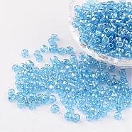 Round Glass Seed Beads, Trans. Colours Lustered, Light Cyan, Size: about 4mm in diameter, hole: 1.5mm, about 496pcs/50g(X-SEED-A006-4mm-103)