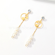 Golden 304 Stainless Steel Dangle Stud Earrings, Tassel Earrings with Imitation Pearl, Flat Round, 68x15mm(CL0746-3)