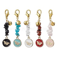 Flat Round with Butterfly Alloy Enamel Pendant Decorations, Genstone Chips Bead and Zinc Alloy Lobster Claw Clasps Charm, Mixed Color, 63~64mm(HJEW-JM01516)