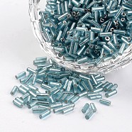 Tube Silver Lined Round Hole Glass Bugle Beads, Light Sea Green, 3~5x1.8~2mm, Hole: 0.8mm, about 1200pcs/50g(X-SEED-I001-23)
