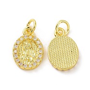 Brass Micro Pave Claer Cubic Zirconia Pendants, with Jump Ring, Oval with Saintess Charm, Real 18K Gold Plated, 14x9.5x2mm, Hole: 3.2mm(KK-E068-VF070)