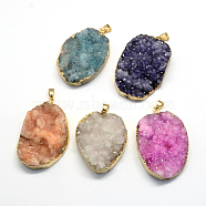Plated  Natural  Druzy Agate Oval Pendants, with Light Gold Plated Brass Findings, 40~50x25~35x7~22mm, Hole: 6x5mm(G-R275-10)