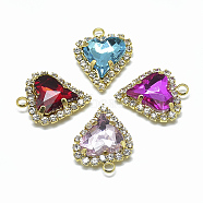 Glass Rhinestone Pendants, with Light Gold Tone Brass Findings, Heart, Mixed Color, 21x16.5x6mm, Hole: 2mm(RGLA-T128-12x13-KC-M)