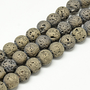 Electroplate Natural Lava Rock Beads Strands, Matte Style, Round, Light Gold Plated, 8x8.5mm, Hole: 1mm, about 48pcs/strand, 15.3 inch(G-T058-03H)