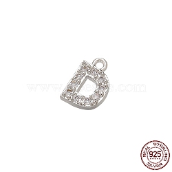 Real Platinum Plated Rhodium Plated 925 Sterling Silver Micro Pave Clear Cubic Zirconia Charms, Initial Letter, Letter D, 8x5.5x1.5mm, Hole: 0.9mm(STER-P054-10P-D)