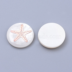 (Holiday Stock-Up Sale)Freshwater Shell Cabochons, with Iron Findings, Flat Round with Starfish/Sea Stars, Seashell Color, Rose Gold, 16x3~4mm(BSHE-S621-03A)