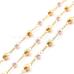 Handmade Brass Link Chains, with Round Beads, Long-Lasting Plated, Unwelded, with Spool, Beads with Glass, Imitation Pearl, Golden, 56x45mm(CHC-M022-09G)