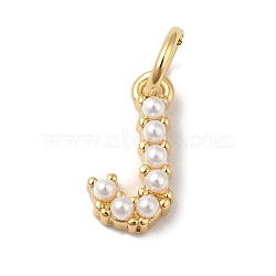 Rack Plating Brass with ABS Plastic Imitation Pearl Charms, Long-Lasting Plated, Lead Free & Cadmium Free, Real 18K Gold Plated, Letter J, 10.5x6x3mm, Hole: 3mm(KK-B092-30J-G)