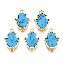 Brass Connector Charms, with Synthetic Turquoise, Cadmium Free & Nickel Free & Lead Free, Real 18K Gold Plated, Hamsa Hand/Hand of Miriam, Deep Sky Blue, 19.5x12x3mm, Hole: 1.2mm(KK-N233-171B-01C)