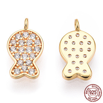 925 Sterling Silver Micro Pave Cubic Zirconia Charms, Fish Charms, Nickel Free, Real 18K Gold Plated, 11x6x1mm, Hole: 1.2mm