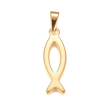 304 Stainless Steel Pendants, Ichthys/Jesus Fish, for Easter, Golden, 36.5x12x1.5mm, Hole: 9.5x4mm