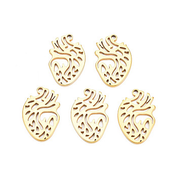 Ion Plating(IP) 201 Stainless Steel Pendants, Heart Shaped, Nickel Free, Real 18K Gold Plated, 25x16x1.5mm, Hole: 1.8mm