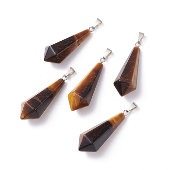 Natural Tiger Eye Pointed Pendants, with Platinum Plated Brass Loops, Bullet, 35.3~38x13~14mm, Hole: 6.5x2.8mm