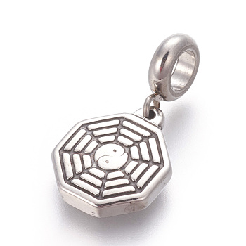 Feng Shui 304 Stainless Steel Pendants, Large Hole Pendants, Polygon with YinYang, Antique Silver, 28.4mm, Hole: 5.2mm, Pendant: 17.5x14.5x3mm