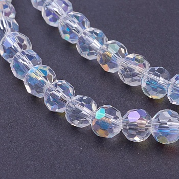 Faceted(32 Facets)(32 Facets) Electroplate Glass Beads Strands, AB Color, Round, Clear AB, 6mm, Hole: 1.2mm, about 88~91pcs/strand, 19.49 inch~20.08 inch(49.5~51cm)