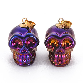 Electroplate K9 Glass Pendants, with Golden Plated Brass Bails, Skull, Halloween, Purple, 25x26~27x19mm, Hole: 5x3mm