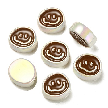 UV Plating Rainbow Iridescent Acrylic Enamel Beads, Oval with Smiling Face Pattern, Saddle Brown, 19.5x21.5x9mm, Hole: 3.5mm