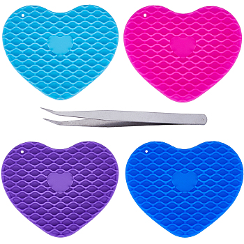 4Pcs 4 Colors Silicone Hot Resistant Cup Mats, Heart Coaster, with 1Pc Tweezer, Mixed Color, 92x112.5x6.5mm
