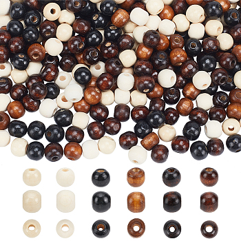 Elite 300pcs 6 colors Dyed Natural Wood Beads, Round, Mixed Color, 10x9mm, Hole: 3~3.5mm, 50pcs/color