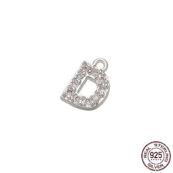 Real Platinum Plated Rhodium Plated 925 Sterling Silver Micro Pave Clear Cubic Zirconia Charms, Initial Letter, Letter D, 8x5.5x1.5mm, Hole: 0.9mm