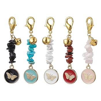 Flat Round with Butterfly Alloy Enamel Pendant Decorations, Genstone Chips Bead and Zinc Alloy Lobster Claw Clasps Charm, Mixed Color, 63~64mm
