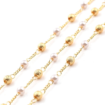 Handmade Brass Link Chains, with Round Beads, Long-Lasting Plated, Unwelded, with Spool, Beads with Glass, Imitation Pearl, Golden, 56x45mm