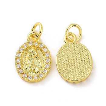 Brass Micro Pave Claer Cubic Zirconia Pendants, with Jump Ring, Oval with Saintess Charm, Real 18K Gold Plated, 14x9.5x2mm, Hole: 3.2mm