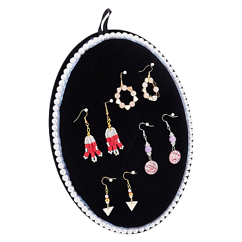 Oval Velvet Cover MDF Jewelry Display Stands, Wall Mounted Hanging Jewelry Organizer Holder Rack, with Plastic Imitation Pearls, for Necklaces, Rings, Earrings Storage, Black, 15.5x18.5x22cm, Fold: 28x18.5x3cm