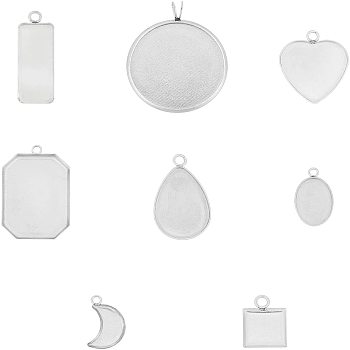 304 Stainless Steel Pendant Cabochon Settings, Plain Edge Bezel Cups, Mixed Shapes, Stainless Steel Color, 48pcs/set
