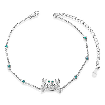 SHEGRACE Rhodium Plated 925 Sterling Silver Link Anklets, with Grade AAA Cubic Zirconia, Crab, Dark Cyan, Platinum, 8-1/4 inch(21cm)