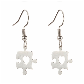 Brass Best Friend Dangle Earrings for Friendship Gifts, Puzzle Piece, Platinum, 33.5mm, Pin: 0.6mm