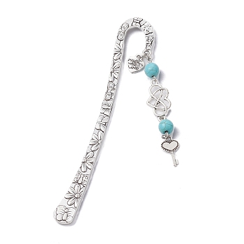Mother's Day Key & Infinity Love Heart Pendant Bookmark with Synthetic Imperial Jasper, Flower Pattern Tibetan Style Alloy Hook Bookmarks, 124x21x3mm, Pendant: 70x8.5x8.5mm