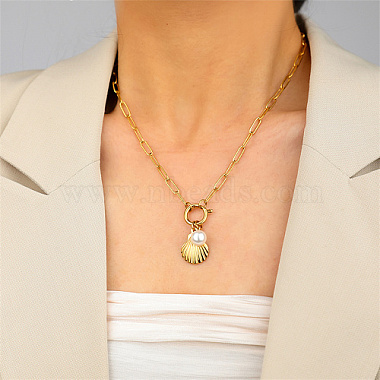 Stainless Steel Shell & Imitation Pearl Pendant Necklaces(HT9511-3)-2
