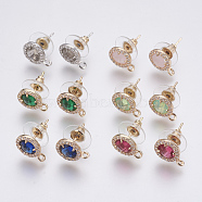 Faceted Glass Stud Earring Findings, with Loop, Brass Micro Pave Cubic Zirconia Findings, Flat Round, Mixed Color, 12x9x4mm, Hole: 1.2mm, Pin: 0.8mm(GLAA-F084-B)