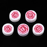 Handmade Polymer Clay Beads, for DIY Jewelry Crafts Supplies, Flat Round with Flower, FireBrick, 9~9.5x4~4.5mm, Hole: 1.8mm(CLAY-N008-041F)