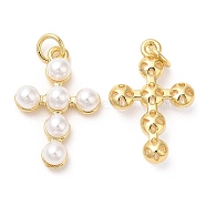 Brass Plastic Imitation Pearls Pendants, with Jump Ring, Cadmium Free & Lead Free, Long-Lasting Plated, Cross Charms, Real 18K Gold Plated, 22x14.5x5mm, Hole: 3mm(KK-Q775-23G)