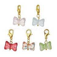 Glass Bowknot Pendant Decorations, with Alloy Lobster Claw Clasps, Golden, 24mm(HJEW-JM01669-01)