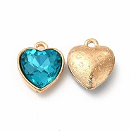 Faceted Glass Rhinestone Pendants, with Golden Tone Zinc Alloy Findings, Heart Charms, Cyan, 16.5x14x6.5mm, Hole: 1.6mm(GLAA-I051-B21)